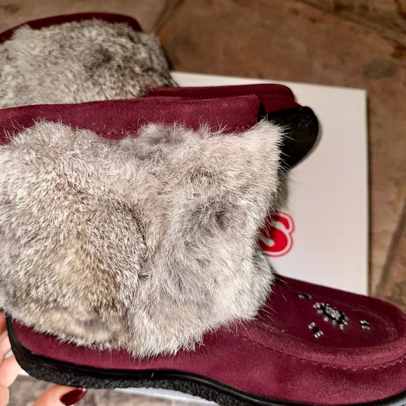 Minimok burgundy upper suede rabbit fur booties - Picture 3 of 4